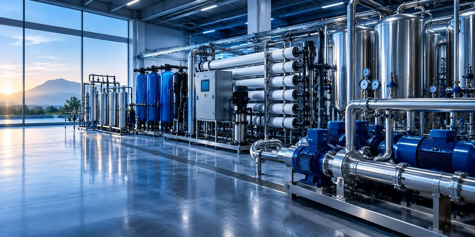 Planta industrial de tratamiento de agua con tanques de filtración, membranas de ósmosis inversa y bombas azules
